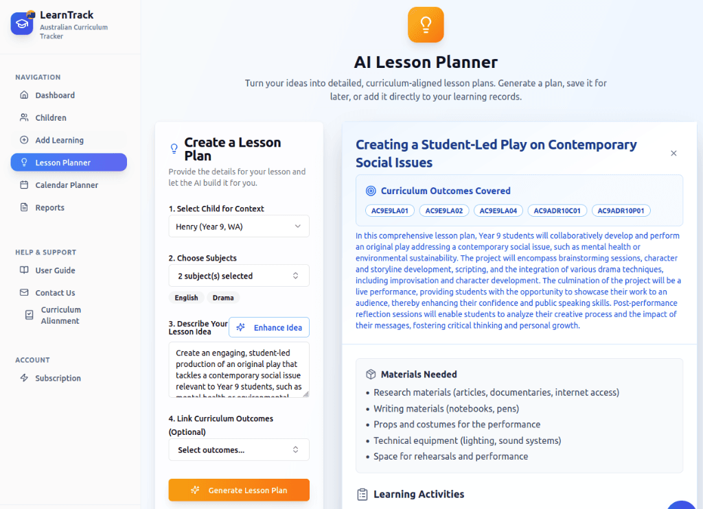 AI Lesson Planner showing lesson creation form and generated lesson plan