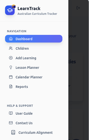 Mobile responsive interface showing LearnTrack sidebar navigation on smaller screens